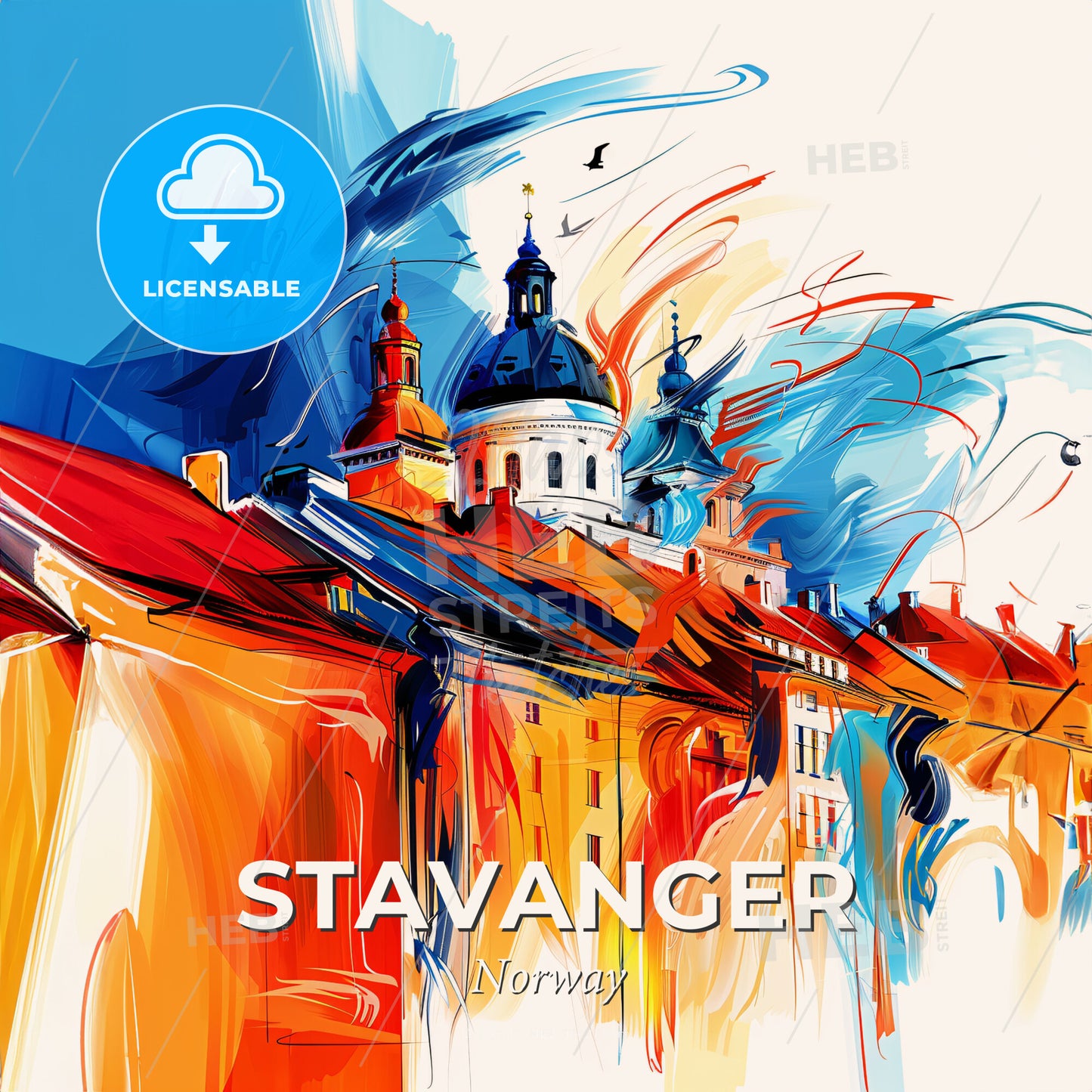 Vibrant Stavanger, Norway - A Painting Of A Building With A Dome And A Blue Sky - Square format print template