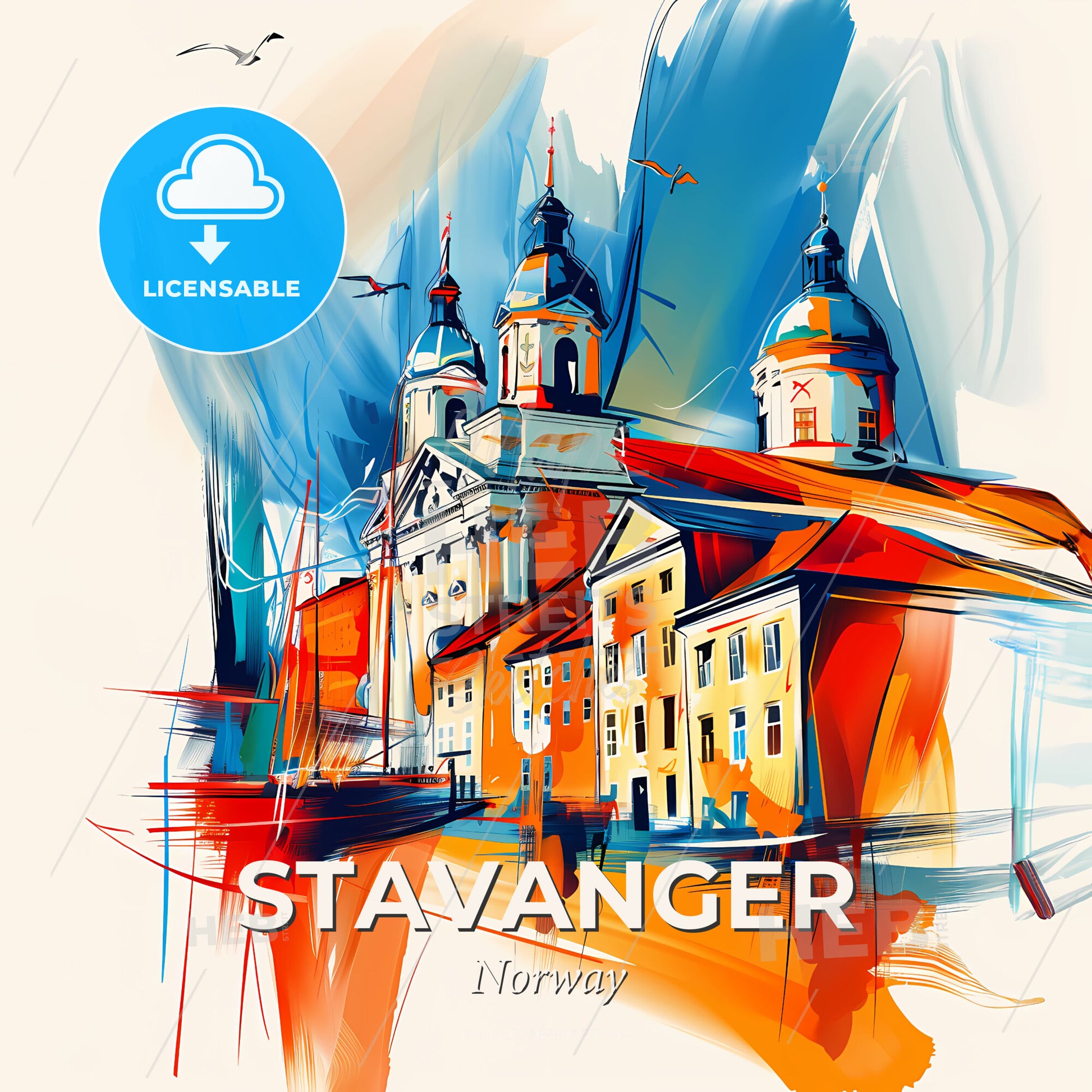 Vibrant Stavanger, Norway - A Painting Of A Building With A Couple Of Domes - Square format print template