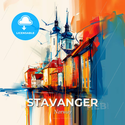 Vibrant Stavanger, Norway - A Painting Of A City With A Church And Water - Square format print template