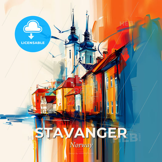 Vibrant Stavanger, Norway - A Painting Of A City With A Church And Water - Square format print template