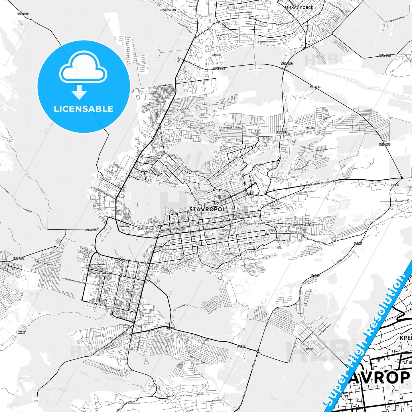 Stavropol, Russia light map with streetnames, citynames and districts