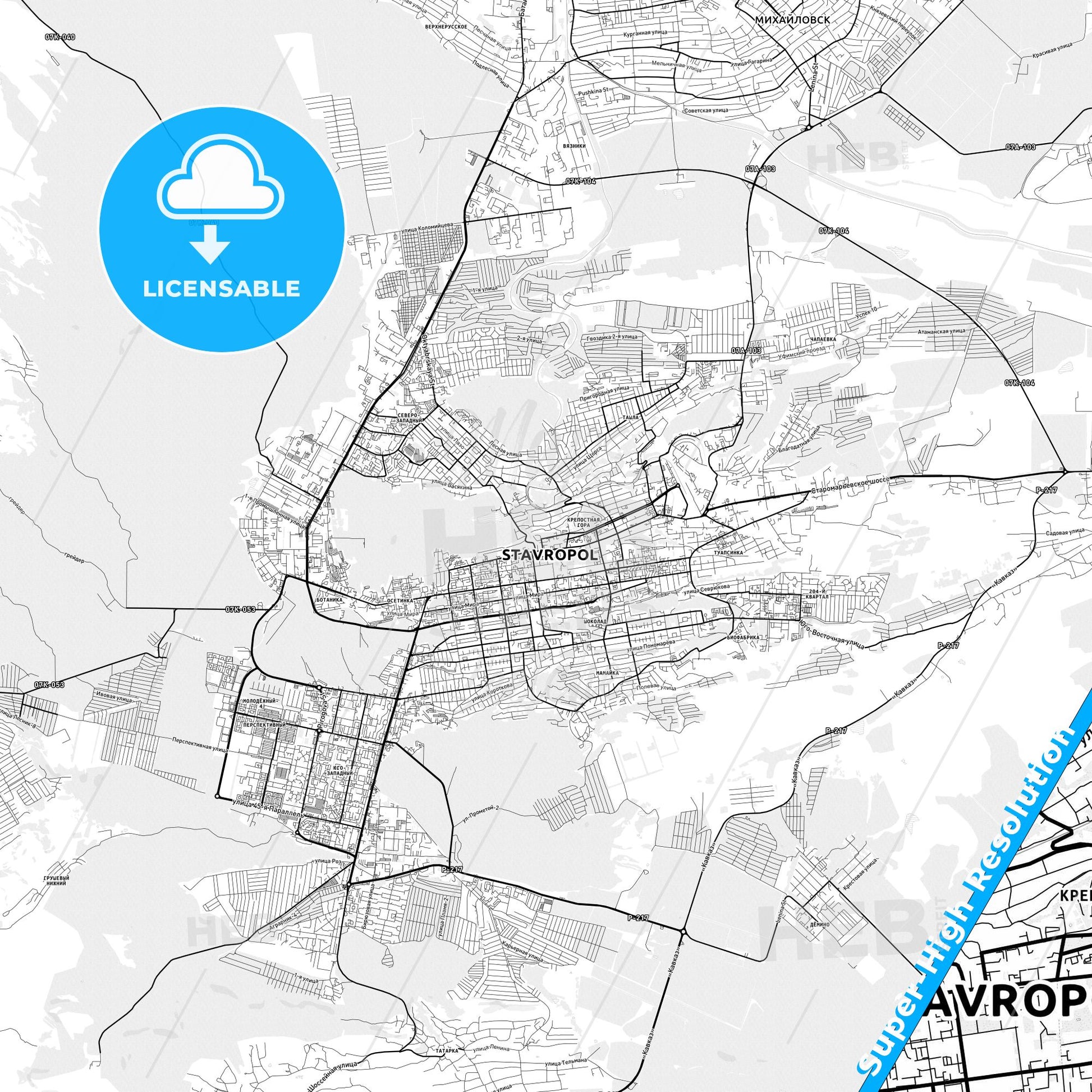 Stavropol, Russia light map with streetnames, citynames and districts