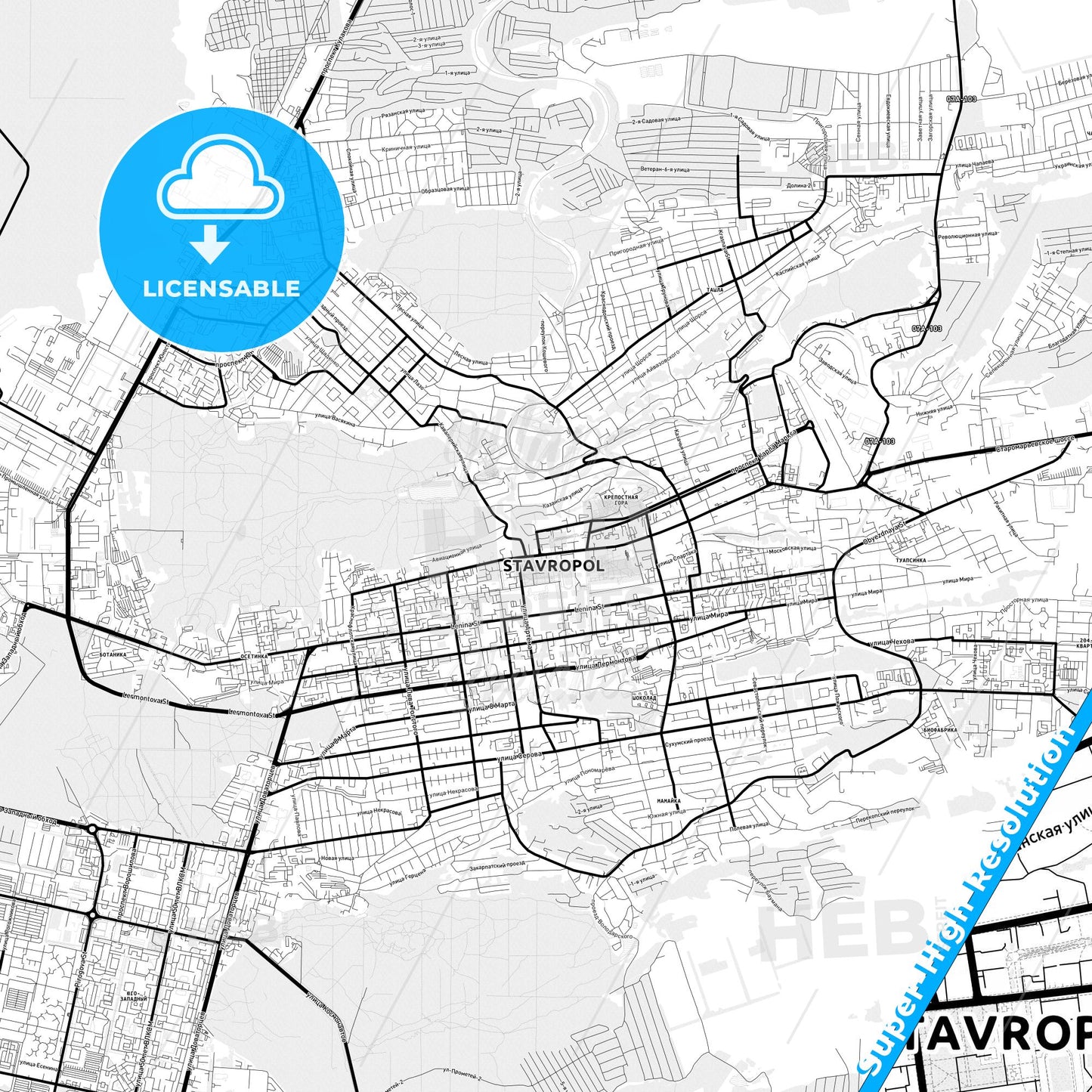Stavropol, Russia Light Map with Street Names, City Names, and Districts