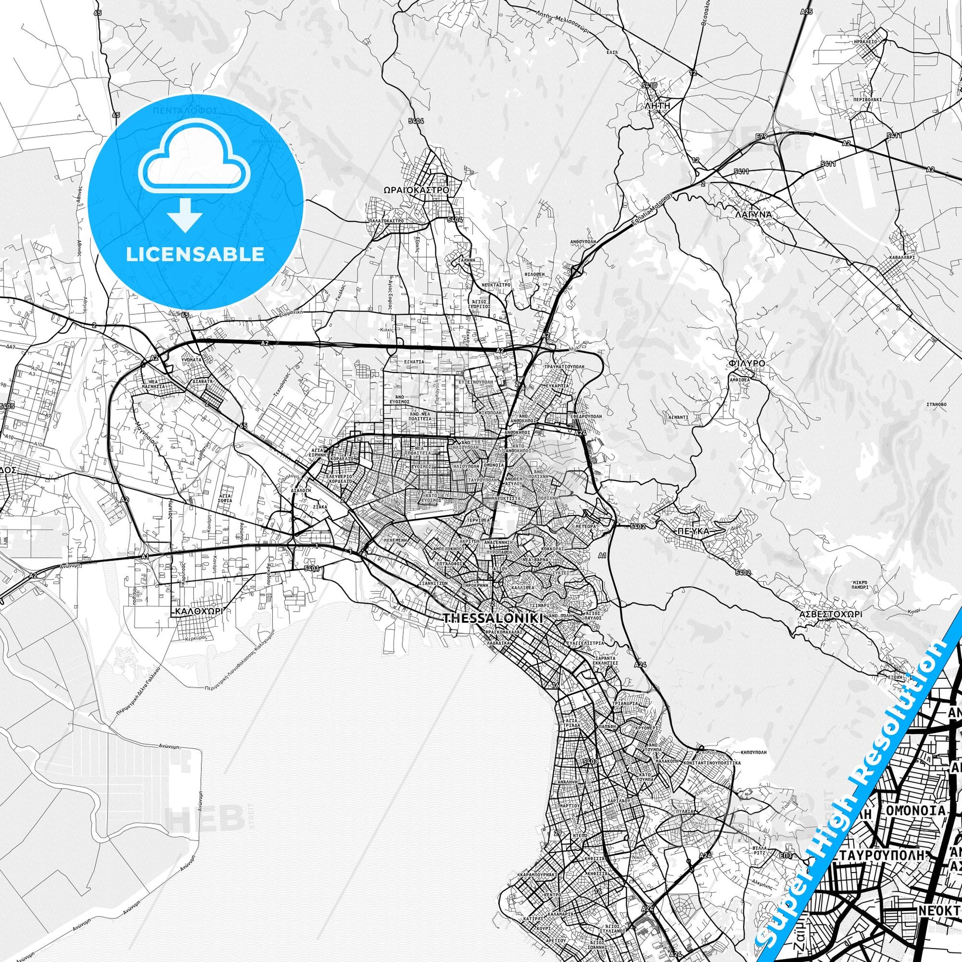 Stavroupoli, Greece light map with streetnames, citynames and districts