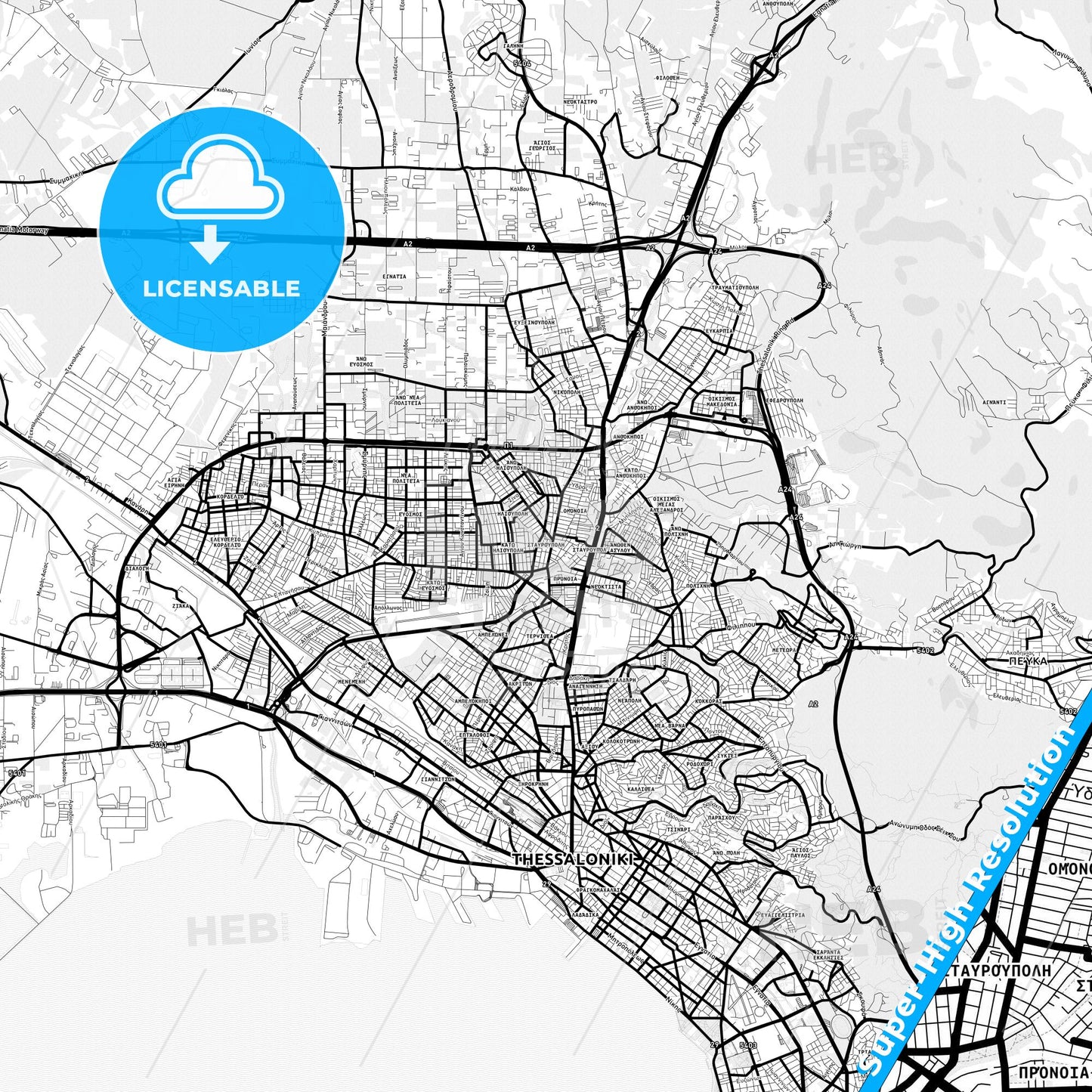 Stavroupoli, Greece Light Map with Street Names, City Names, and Districts