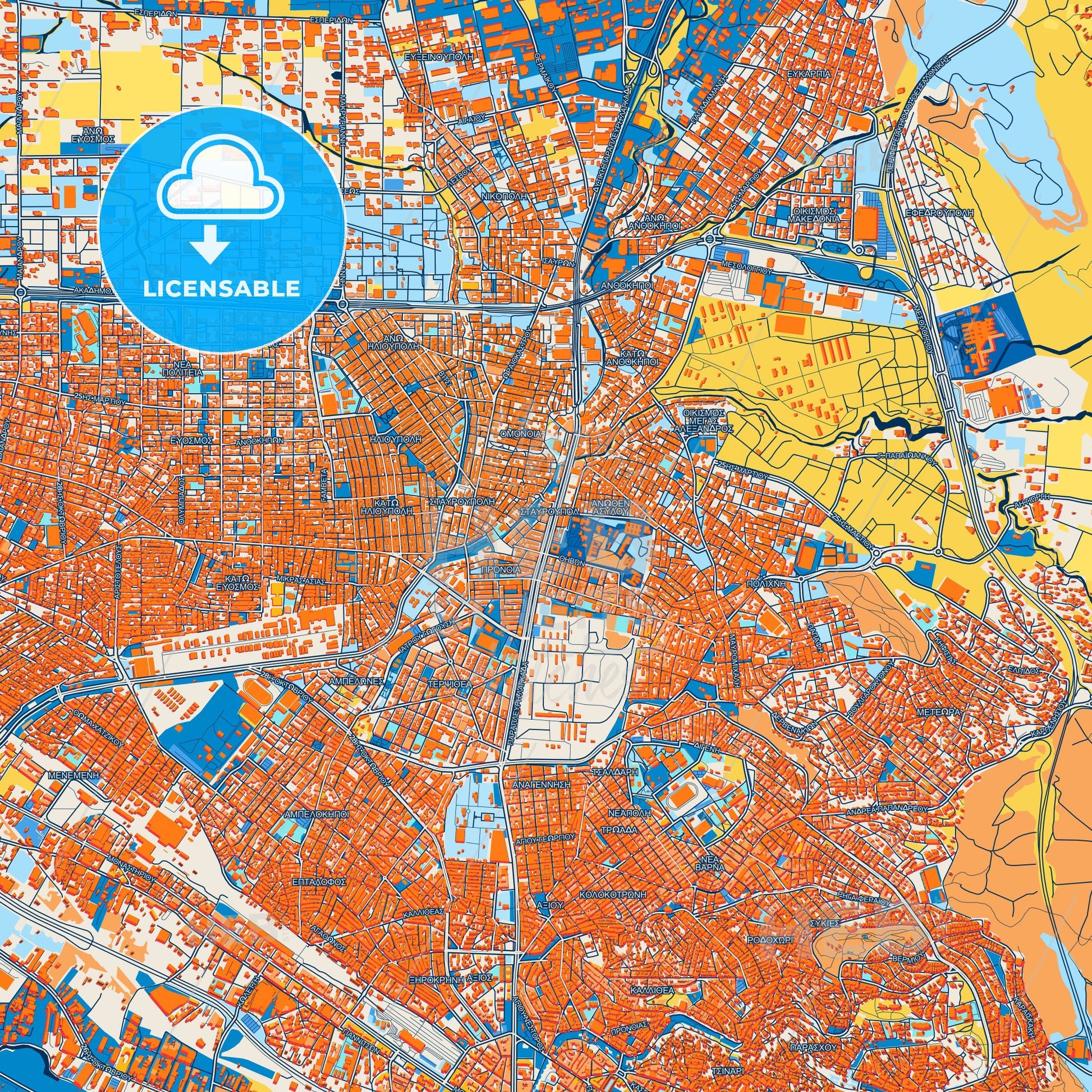 Colorful Stavroupoli Street Map with Labels and Buildings