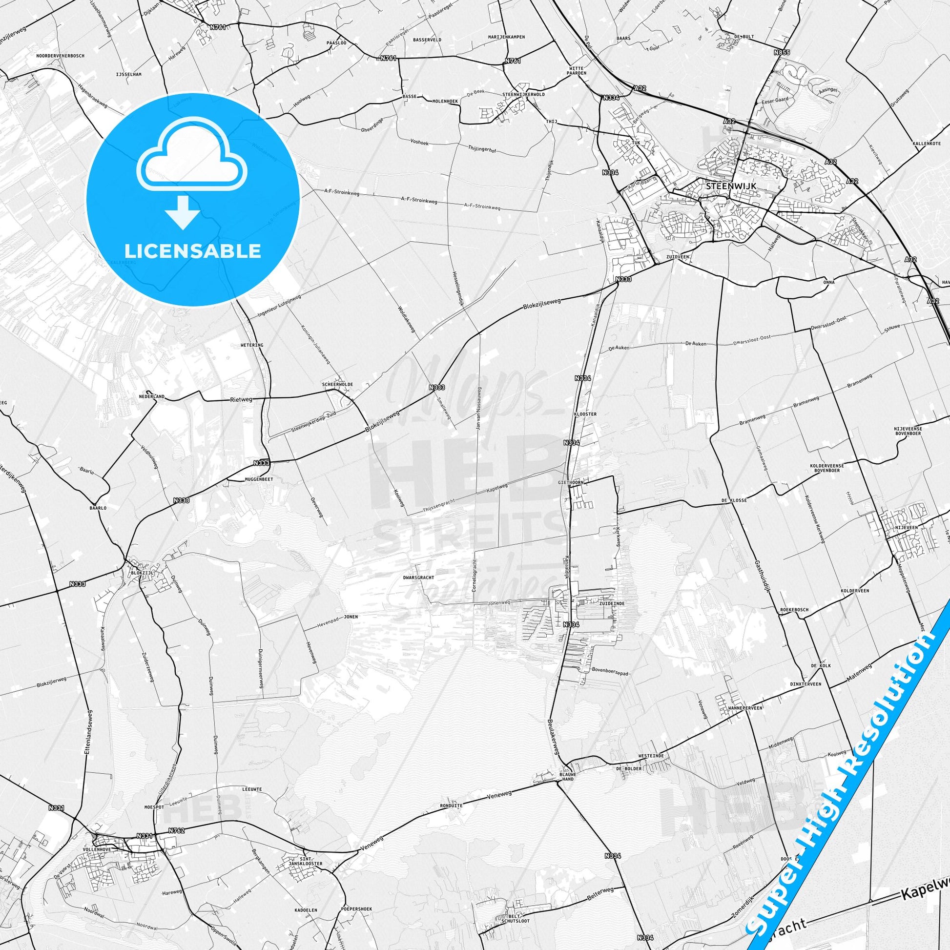 Steenwijkerland, Netherlands light map with streetnames, citynames and districts
