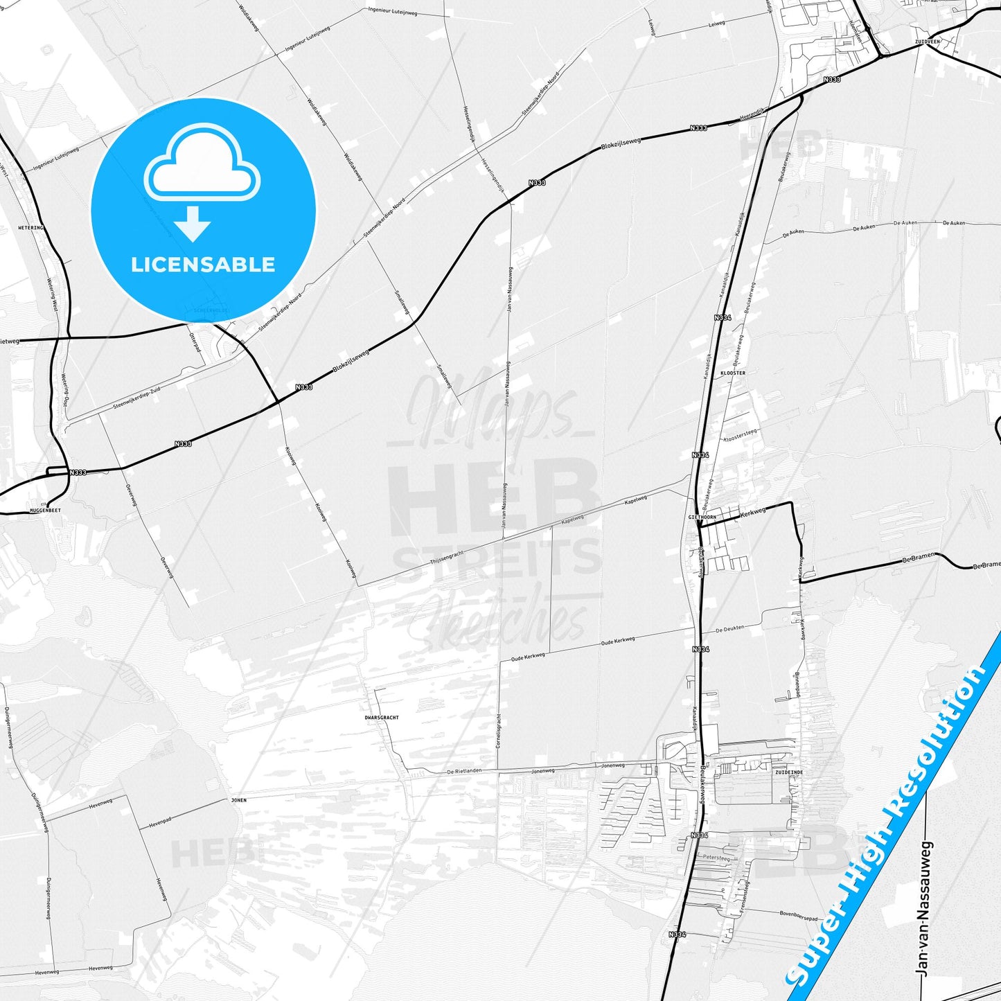 Steenwijkerland, Netherlands Light Map with Street Names, City Names, and Districts
