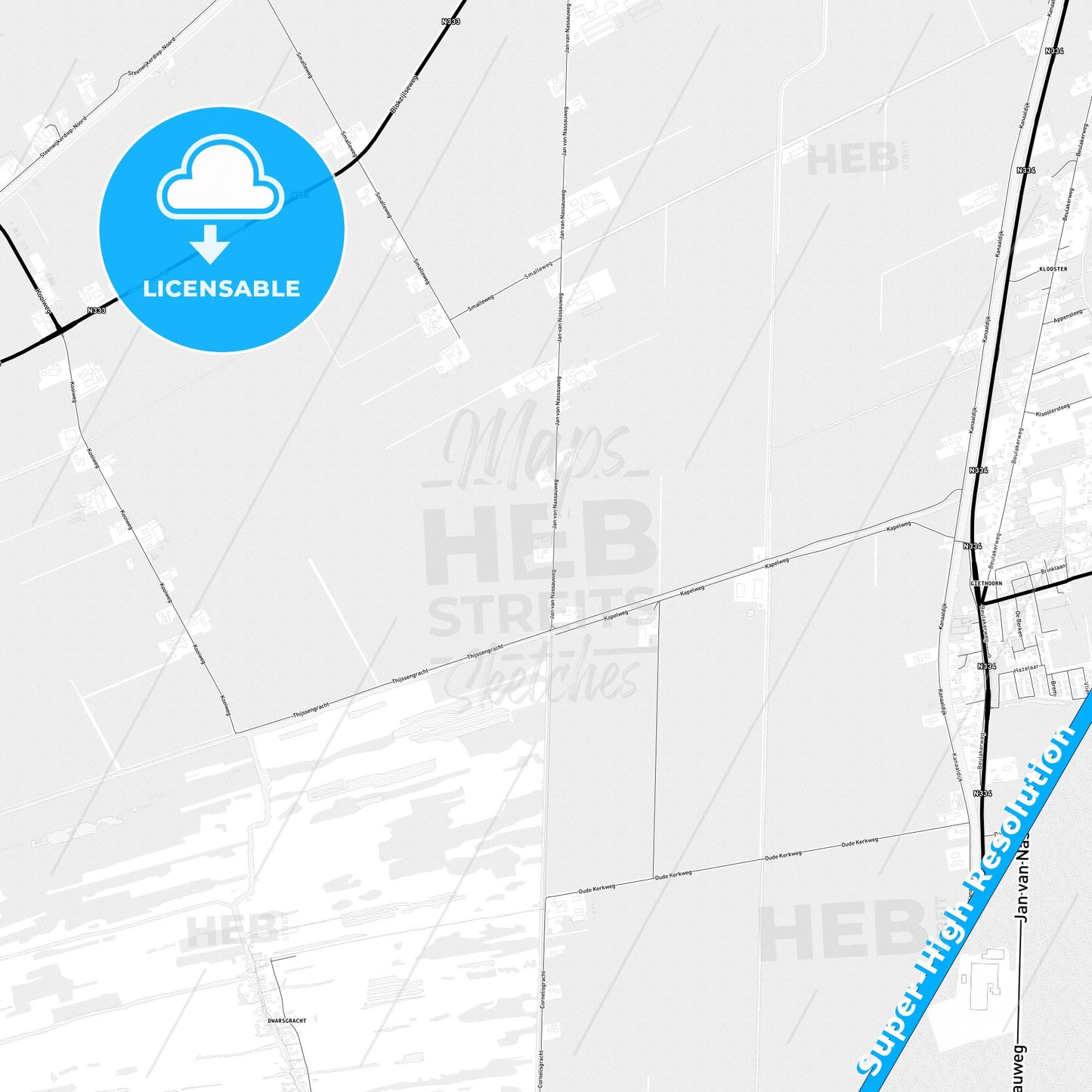 Steenwijkerland, Netherlands Light Map with Street Names, City Names, and Districts