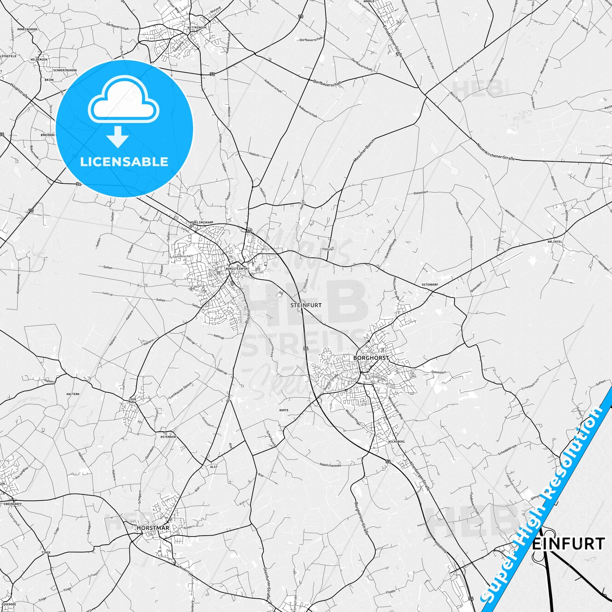 Steinfurt, Germany light map with streetnames, citynames and districts
