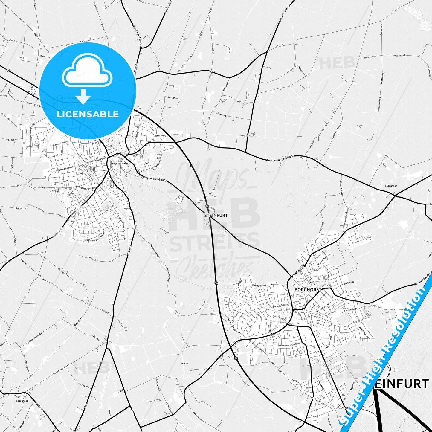Steinfurt, Germany Light Map with Street Names, City Names, and Districts