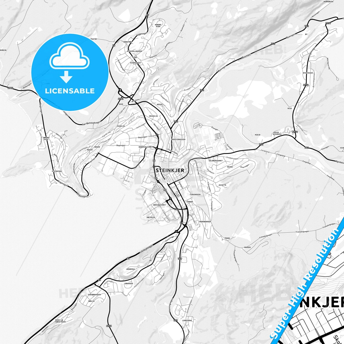 Steinkjer, Norway Light Map with Street Names, City Names, and Districts