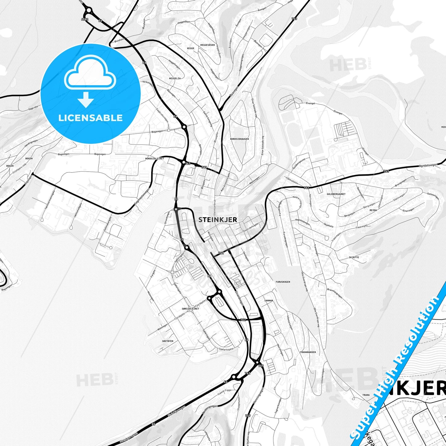 Steinkjer, Norway Light Map with Street Names, City Names, and Districts