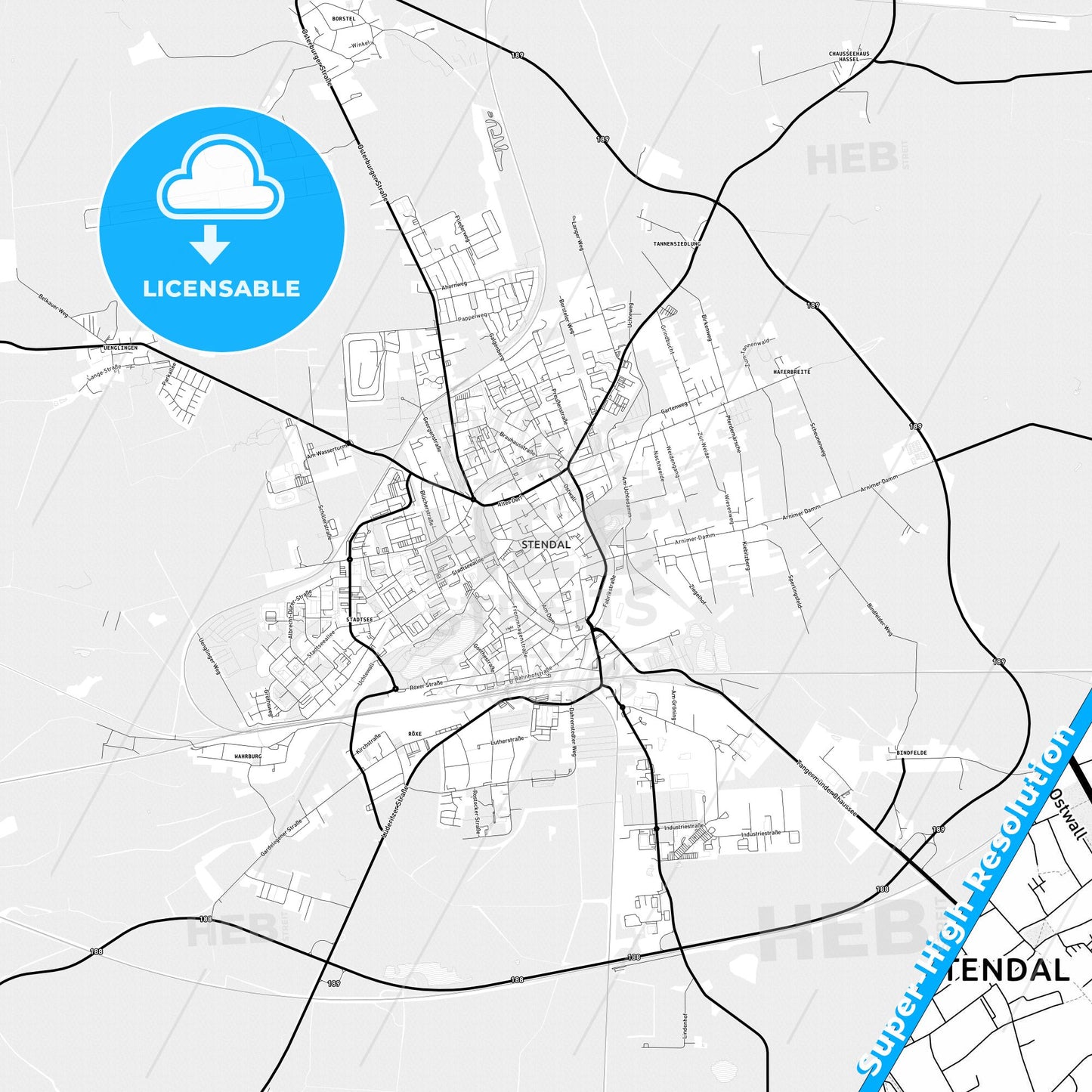 Stendal, Germany Light Map with Street Names, City Names, and Districts