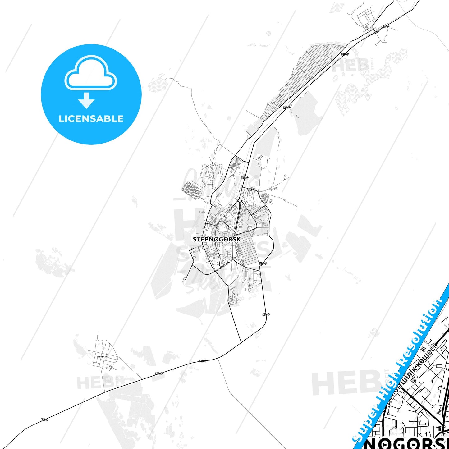 Stepnogorsk, Kazakhstan light map with streetnames, citynames and districts