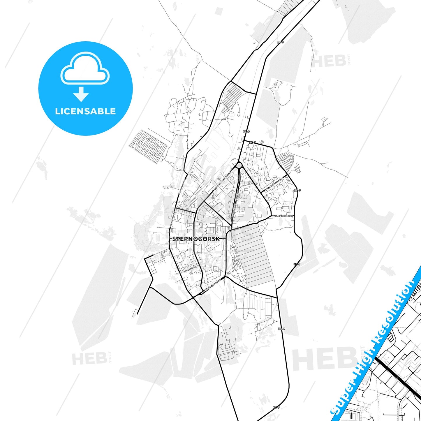 Stepnogorsk, Kazakhstan Light Map with Street Names, City Names, and Districts