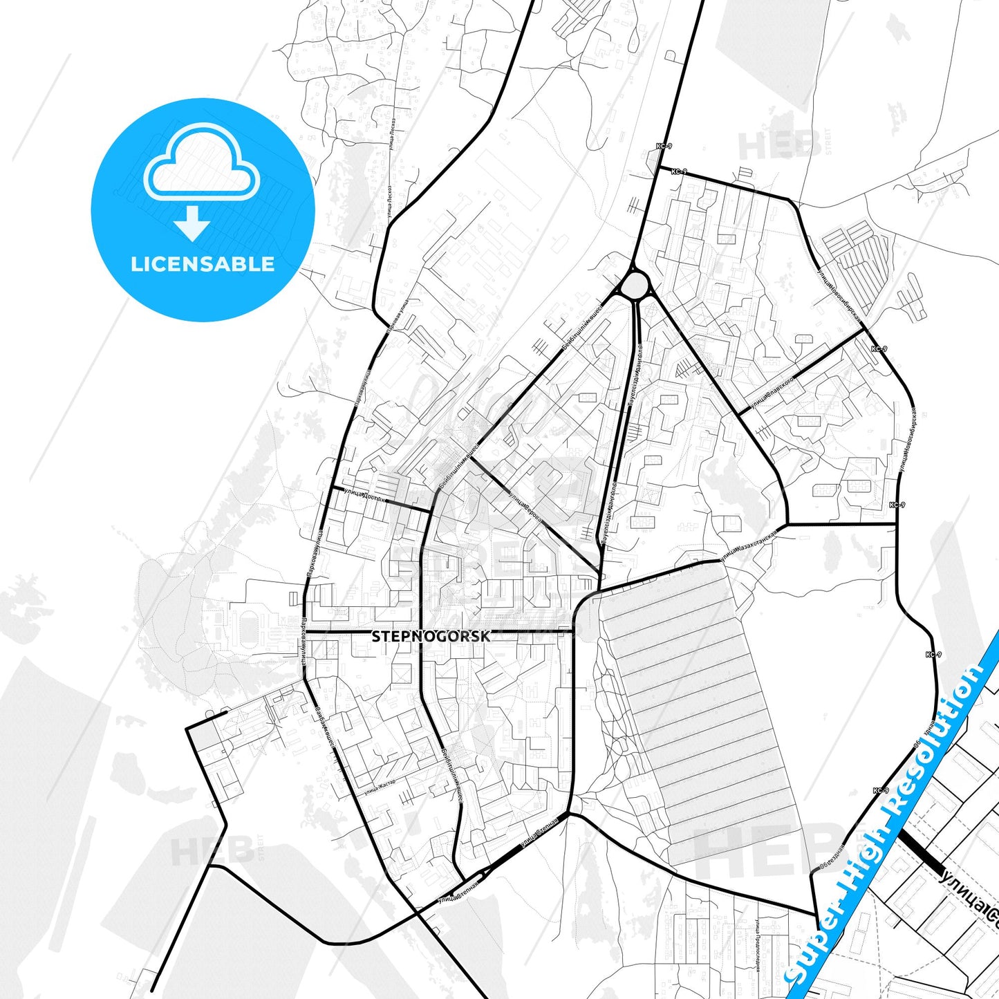 Stepnogorsk, Kazakhstan Light Map with Street Names, City Names, and Districts