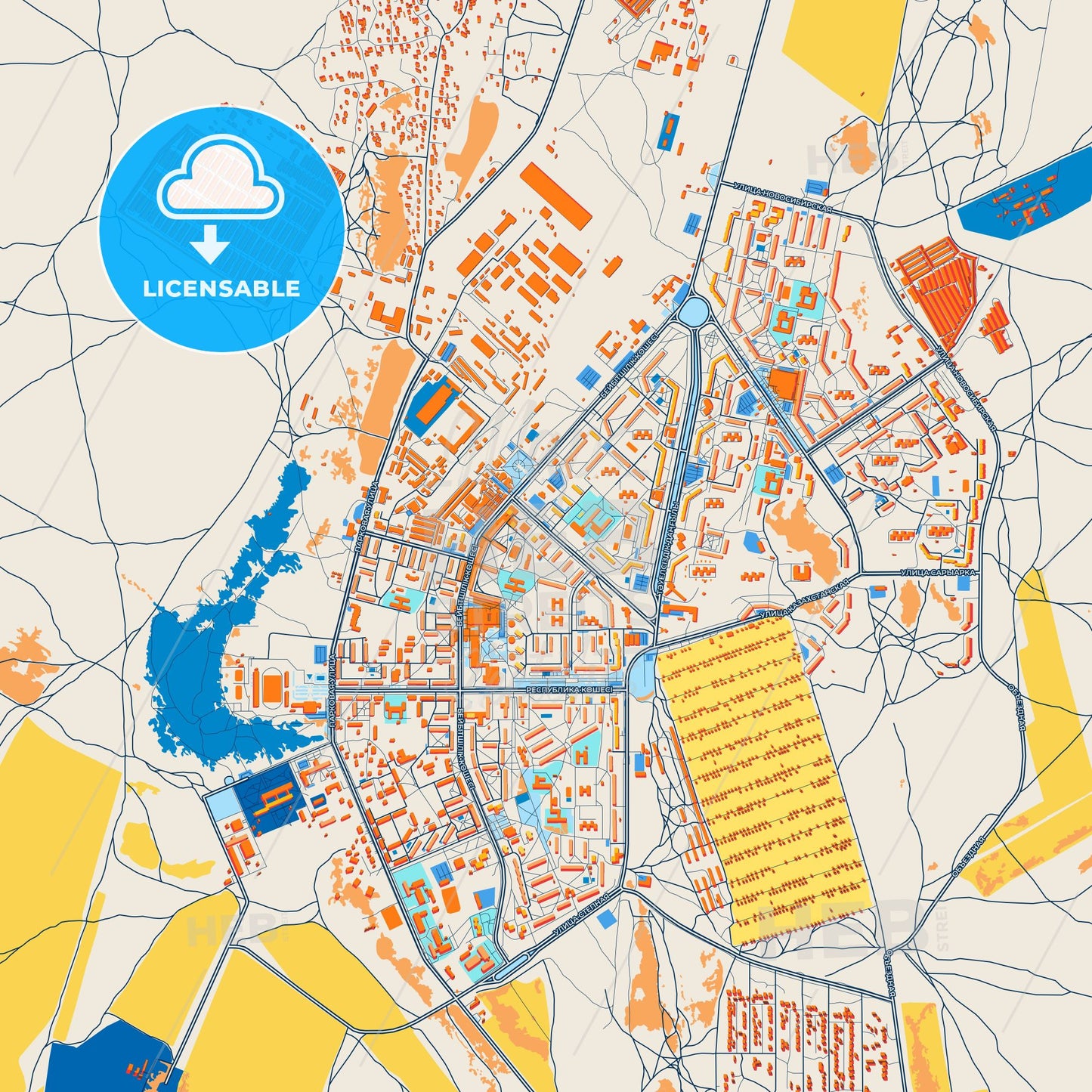 Colorful Stepnogorsk Street Map with Labels and Buildings
