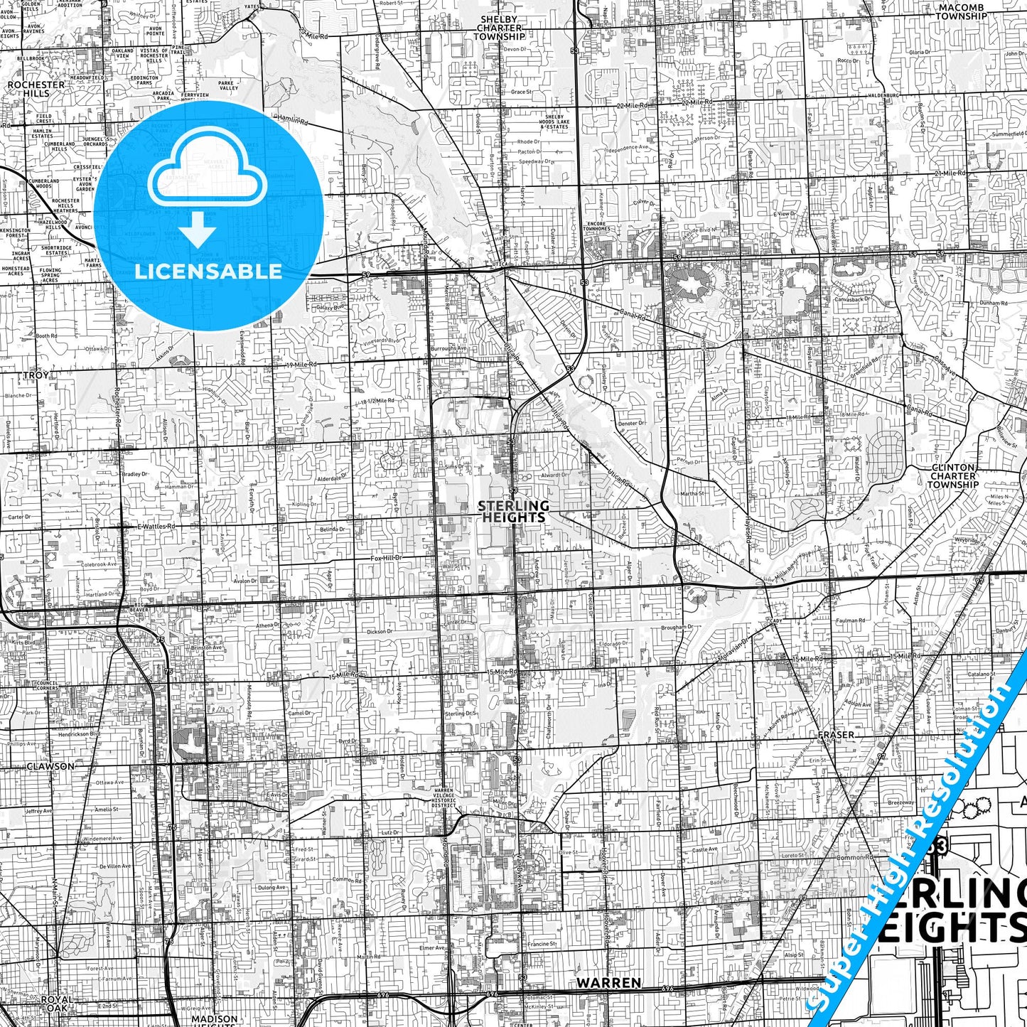 Sterling Heights, Michigan light map with streetnames, citynames and districts