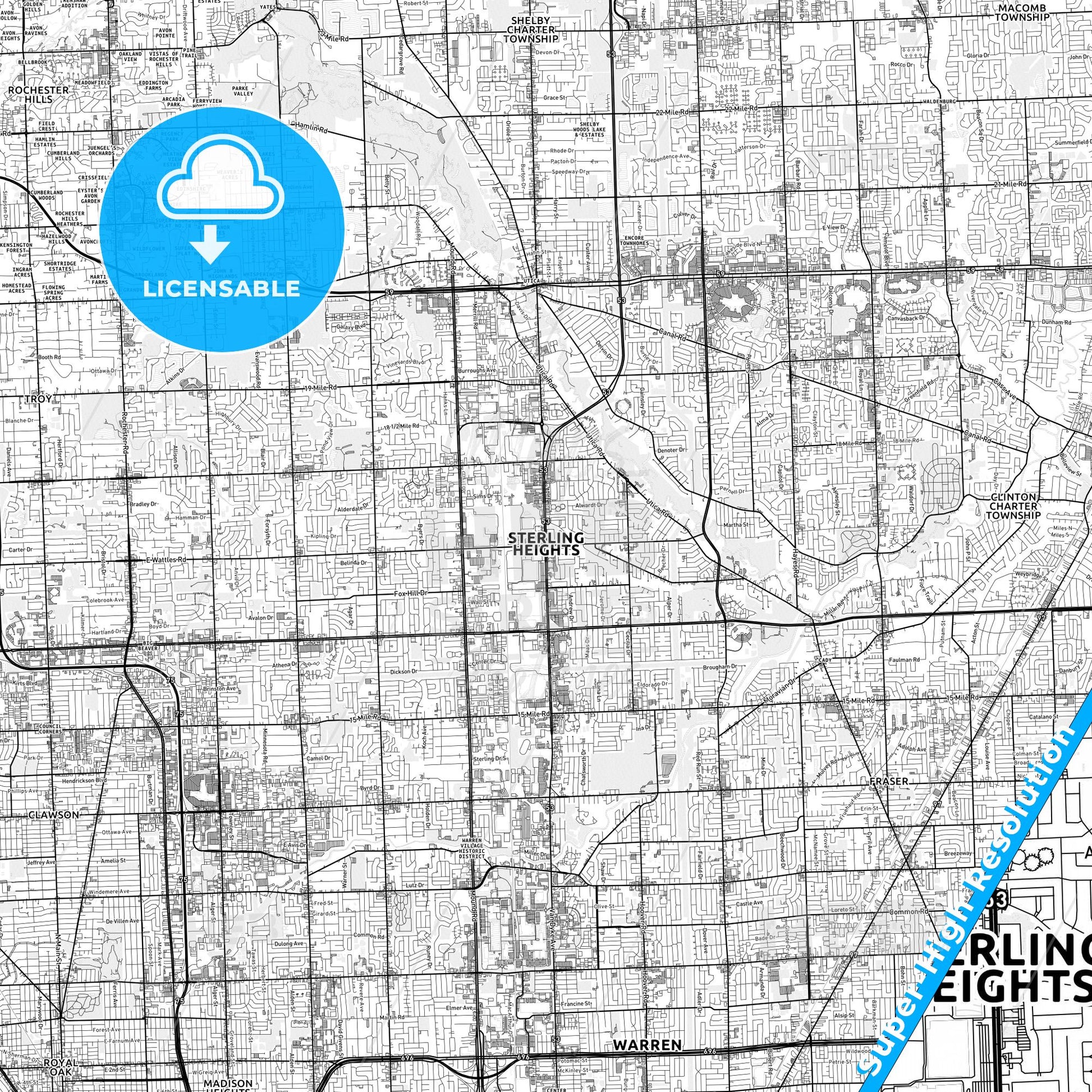 Sterling Heights, Michigan light map with streetnames, citynames and districts