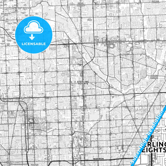 Sterling Heights, Michigan light map with streetnames, citynames and districts