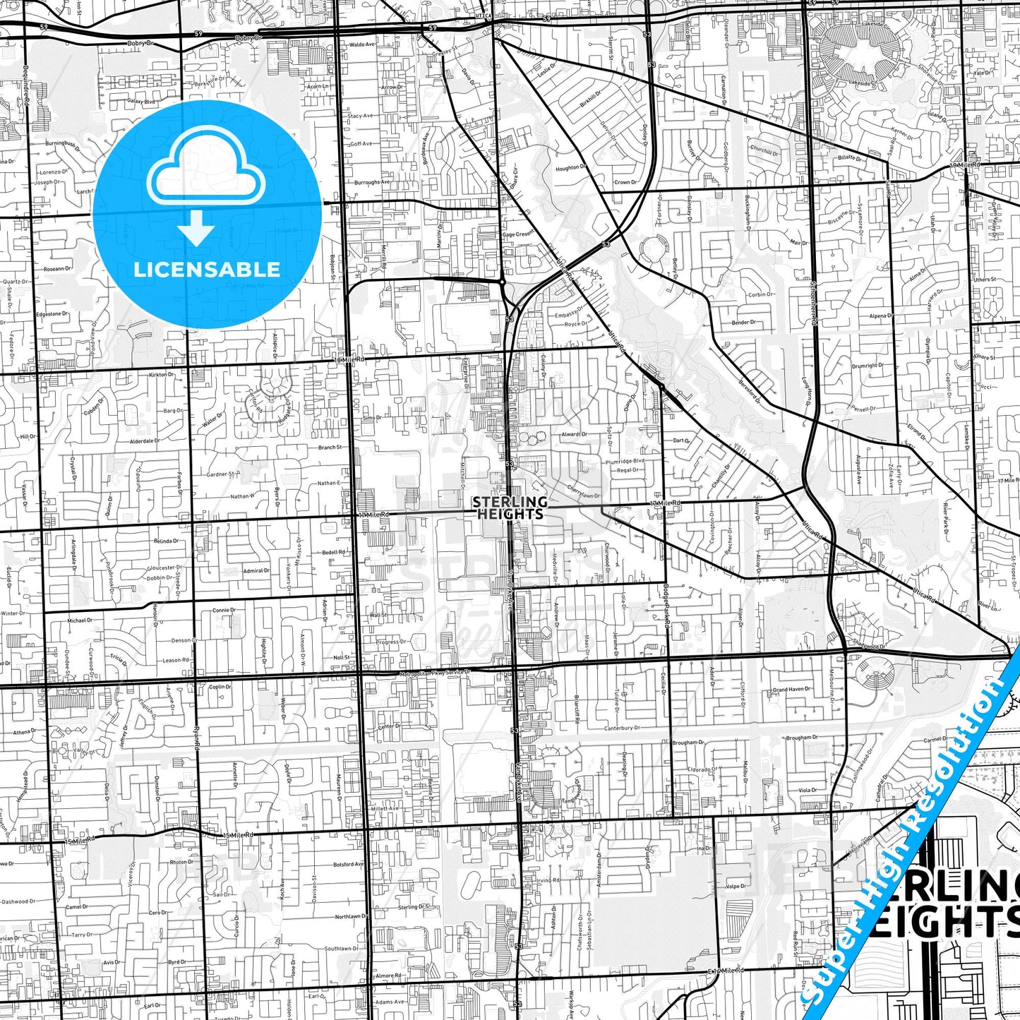 Sterling Heights, Michigan Light Map with Street Names, City Names, and Districts