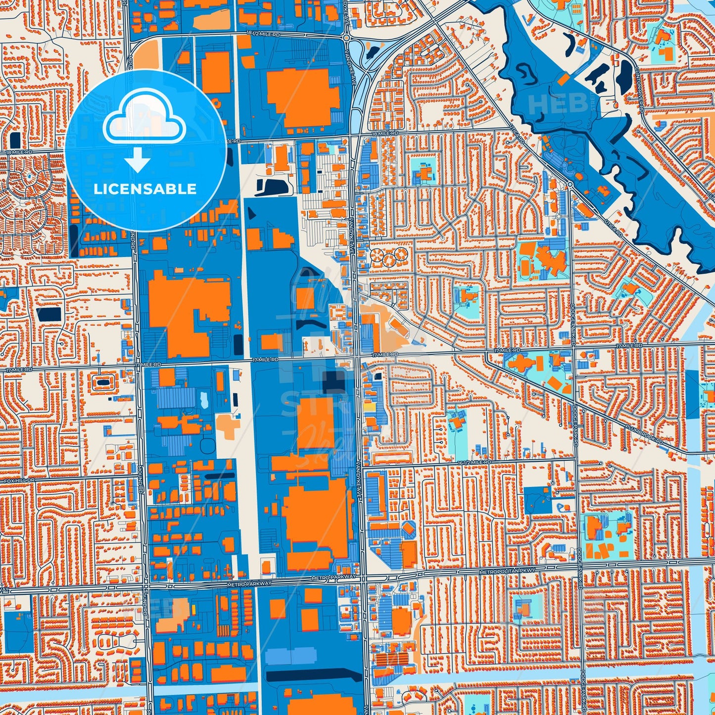 Colorful Sterling Heights Street Map with Labels and Buildings