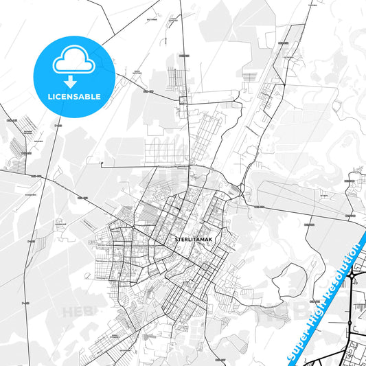 Sterlitamak, Russia light map with streetnames, citynames and districts