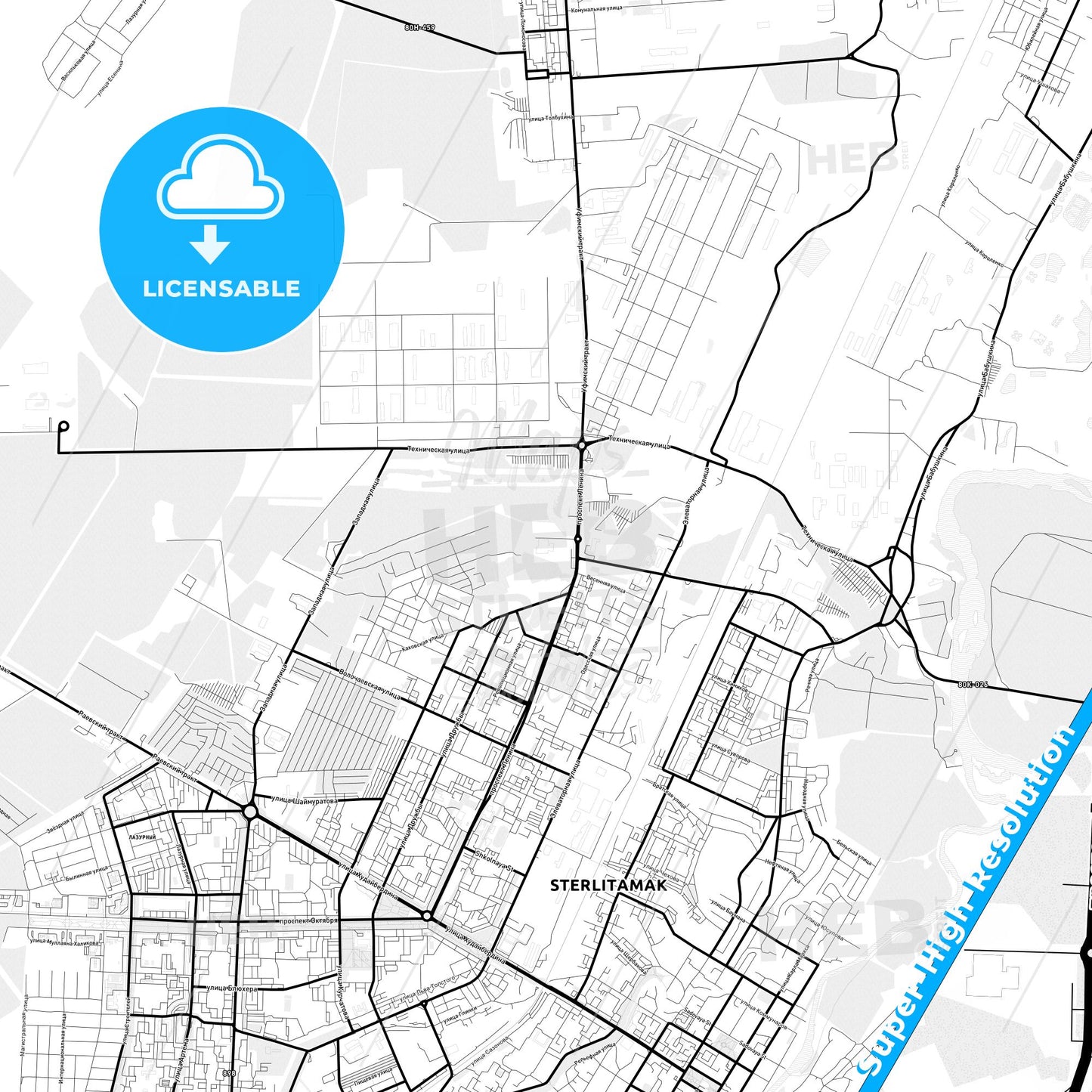 Sterlitamak, Russia Light Map with Street Names, City Names, and Districts