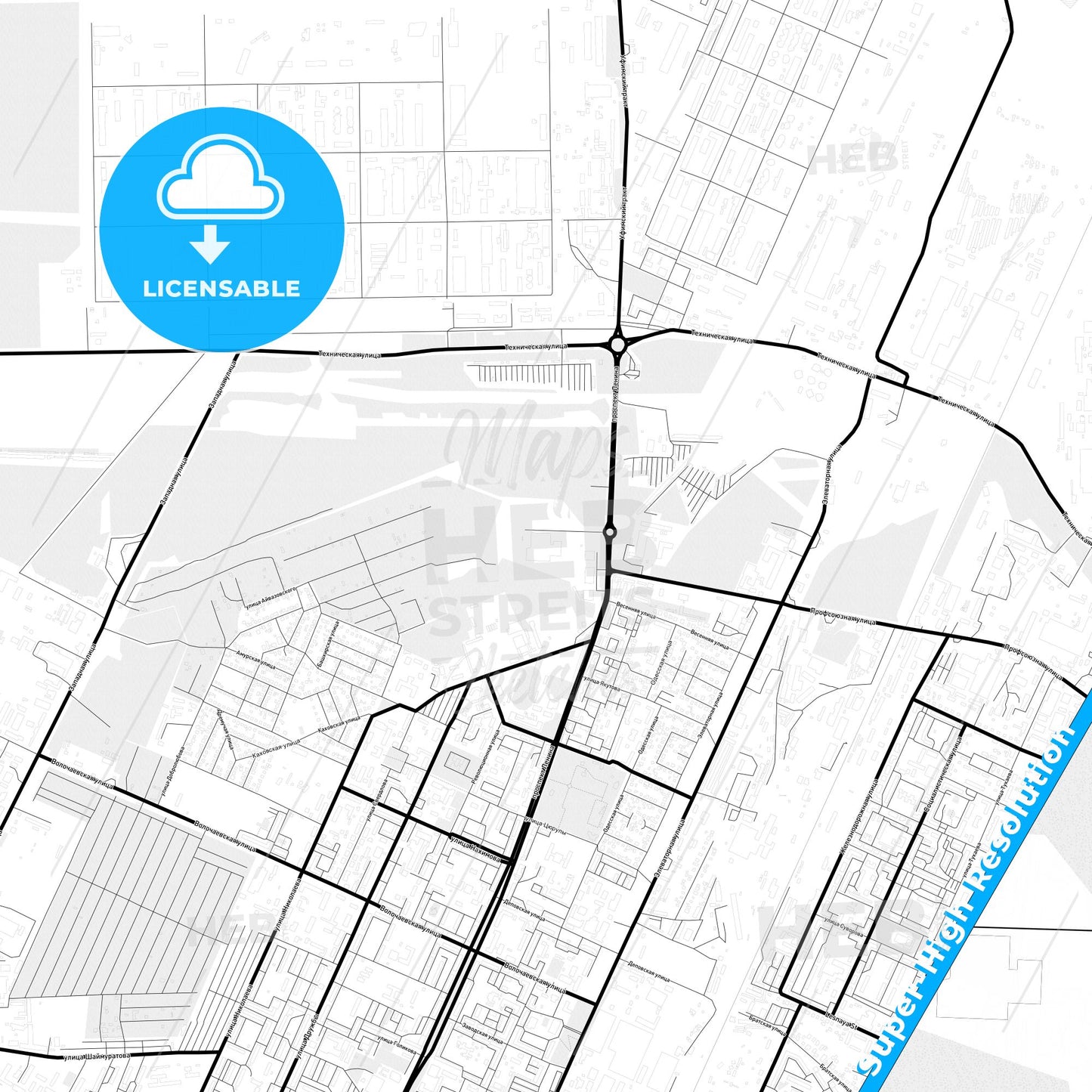 Sterlitamak, Russia Light Map with Street Names, City Names, and Districts