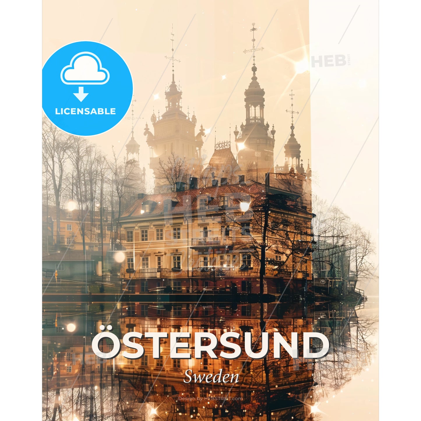 Östersund Skyline Cityscape Panorama Beige Poster - A building reflected in water - Square format print template