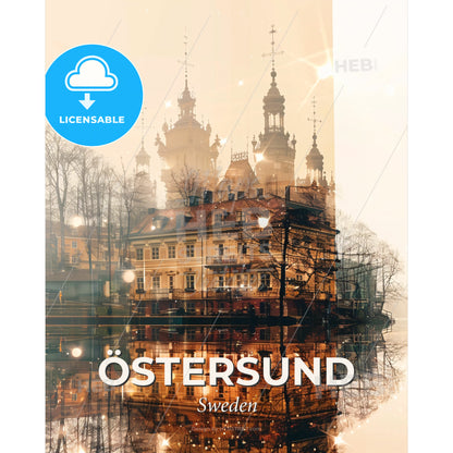 Östersund Skyline Cityscape Panorama Beige Poster - A building reflected in water - Square format print template