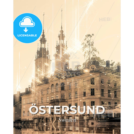 Östersund Skyline Composite Art Poster - A building with towers and lights - Square format print template