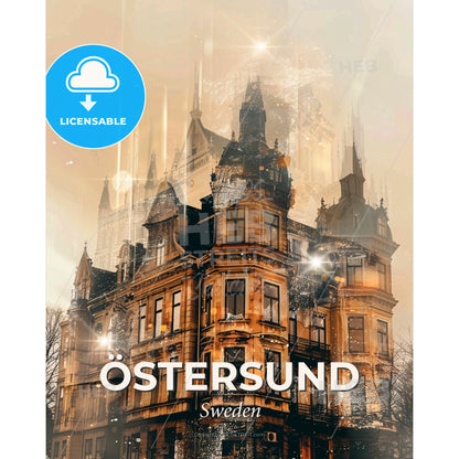 Ostersund Skyline: Double Exposure Art With Sparkle - A building with many windows - Square format print template