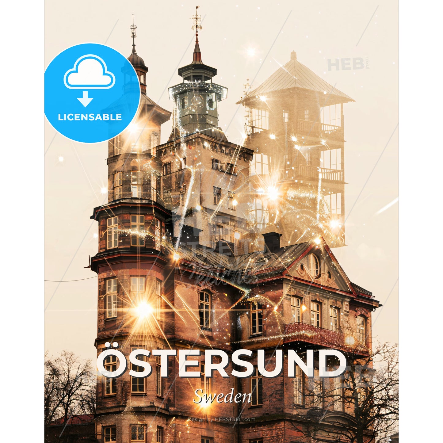 Östersund Skyline Composite Poster Art Beige Sparks - A building with lights and fireworks - Square format print template