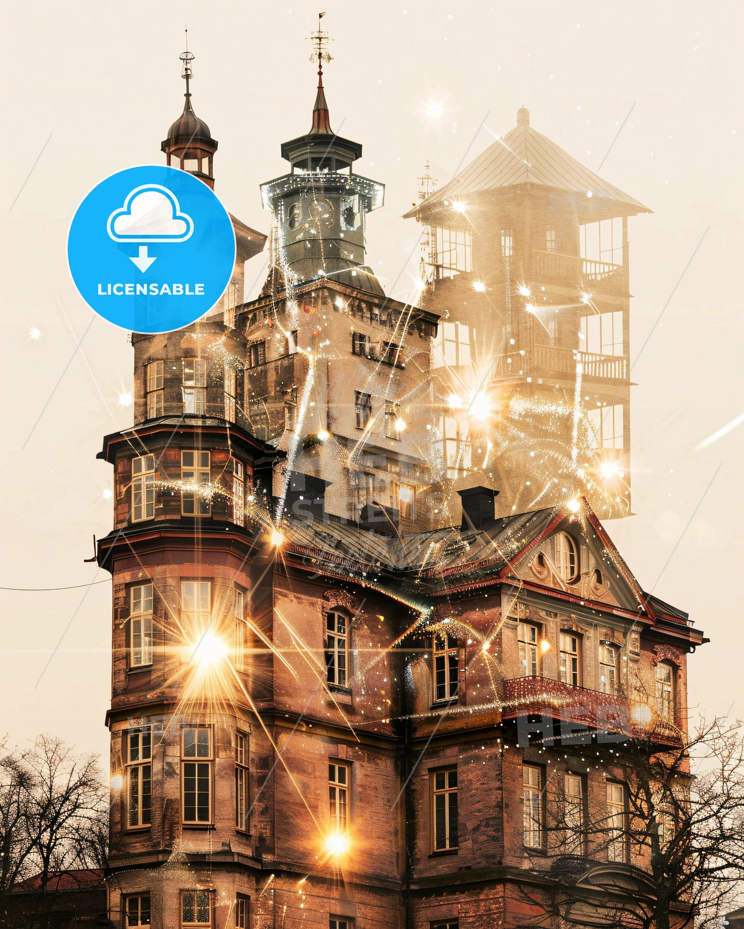 Östersund Skyline Composite Poster Art Beige Sparks - A building with lights and fireworks