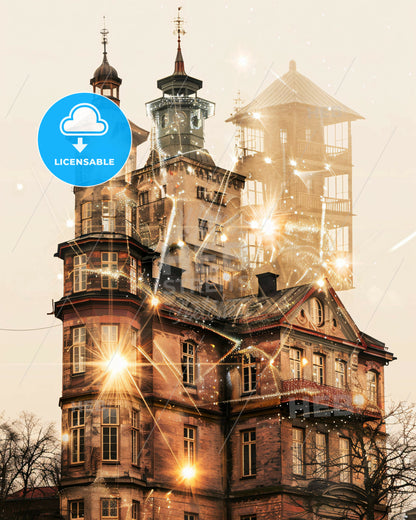 Östersund Skyline Composite Poster Art Beige Sparks - A building with lights and fireworks