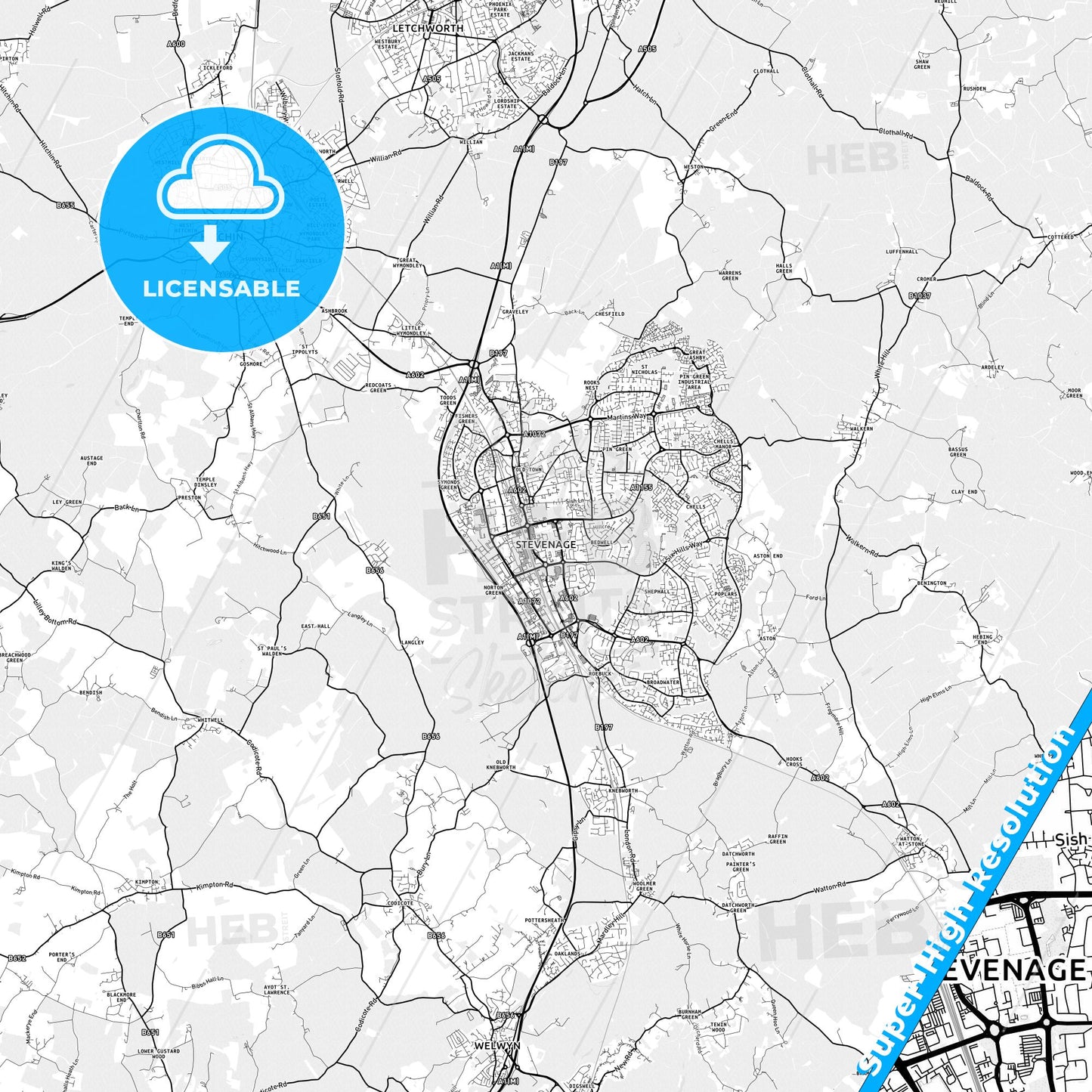 Stevenage, England light map with streetnames, citynames and districts