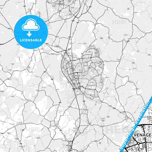 Stevenage, England light map with streetnames, citynames and districts