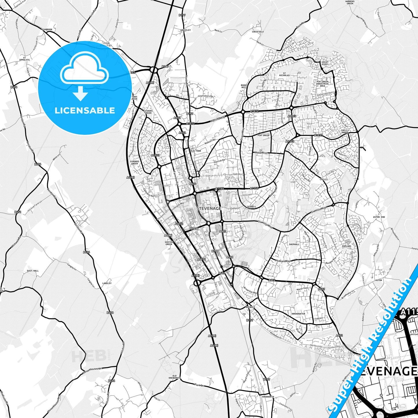 Stevenage, England Light Map with Street Names, City Names, and Districts