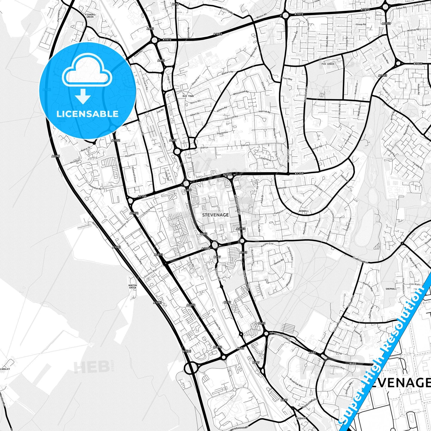 Stevenage, England Light Map with Street Names, City Names, and Districts