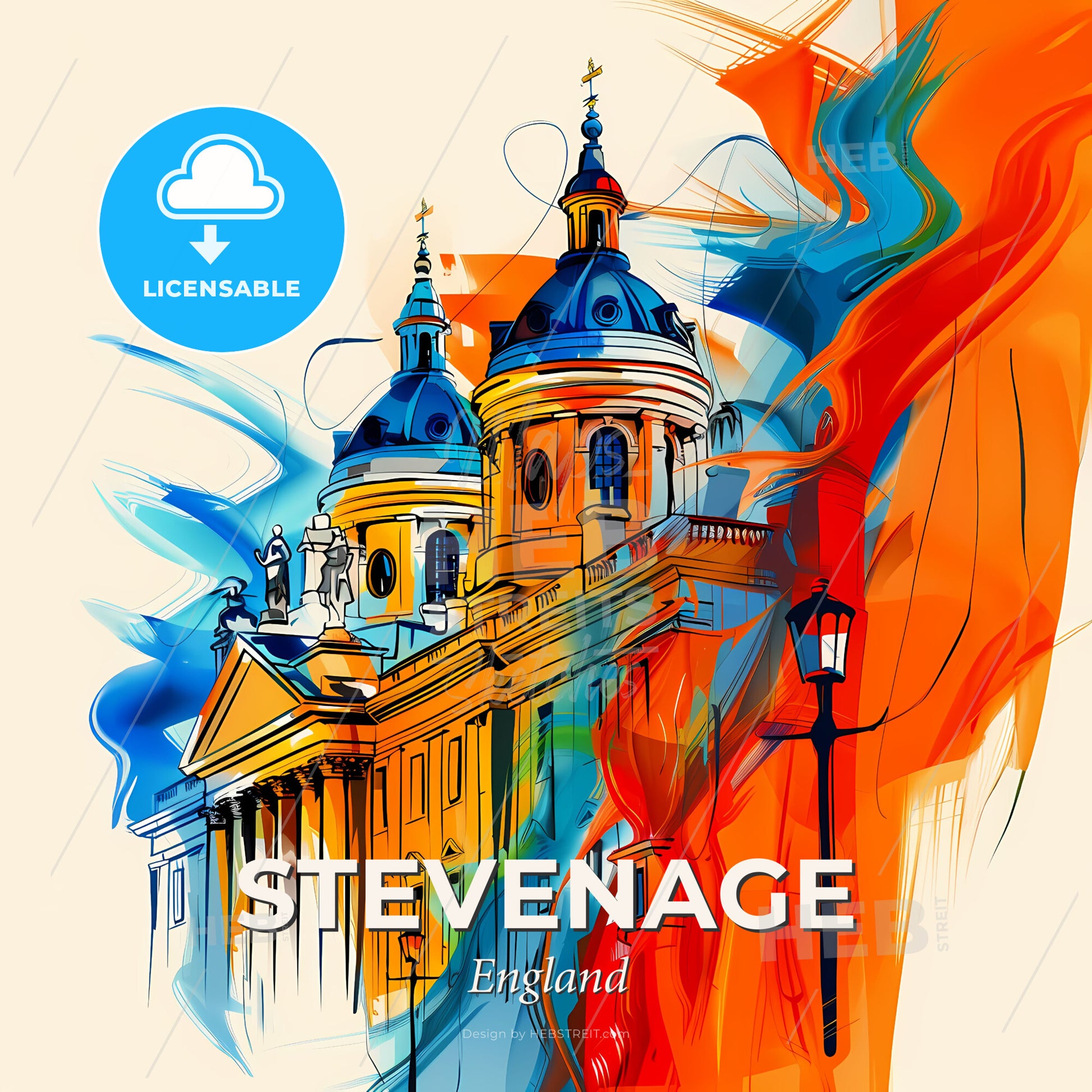 Vibrant Stevenage, England - A Painting Of A Building With A Colorful Background - Square format print template