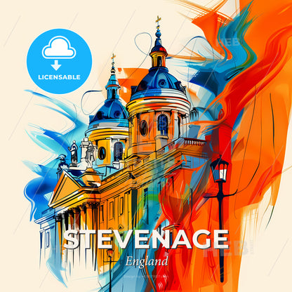 Vibrant Stevenage, England - A Painting Of A Building With A Colorful Background - Square format print template