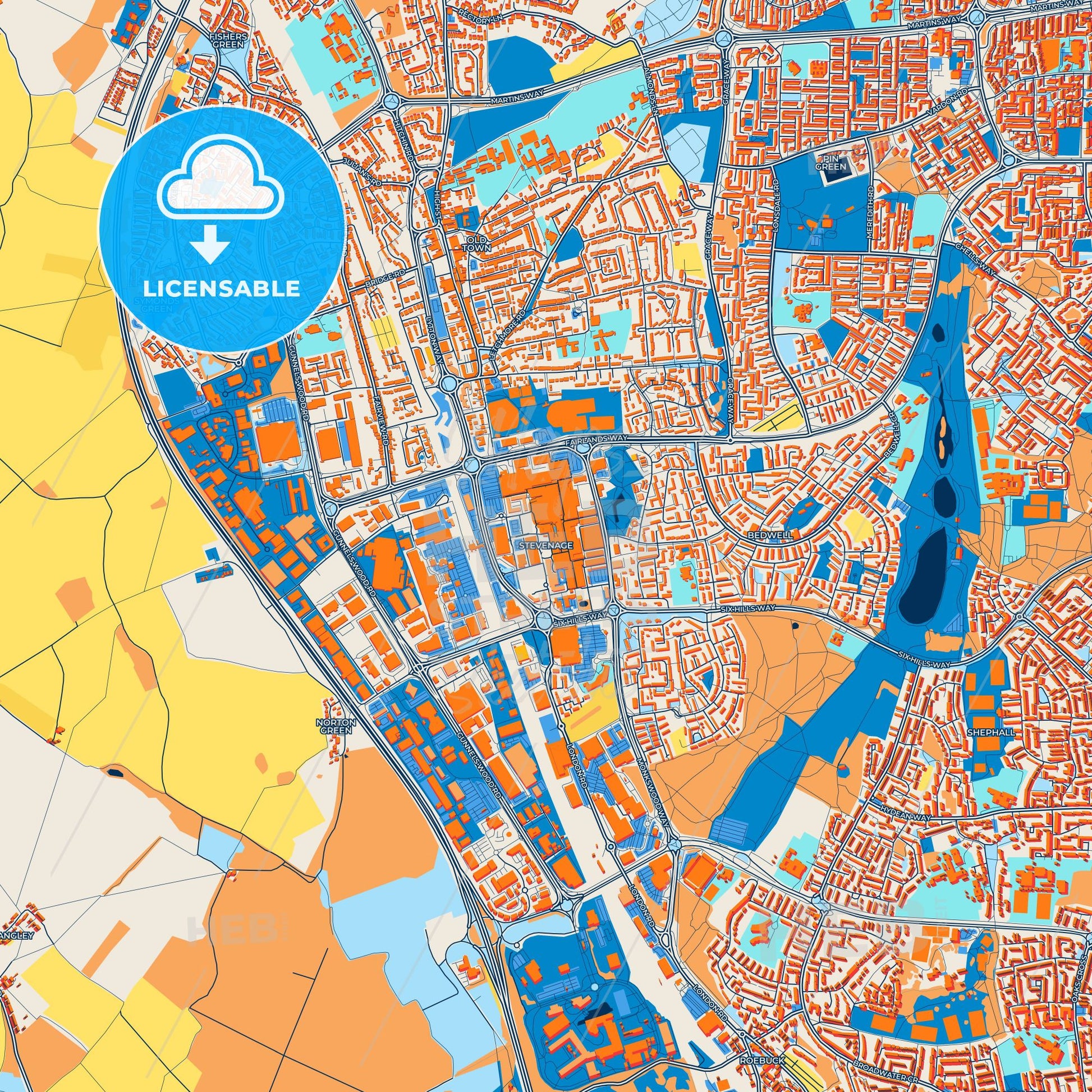 Colorful Stevenage Street Map with Labels and Buildings