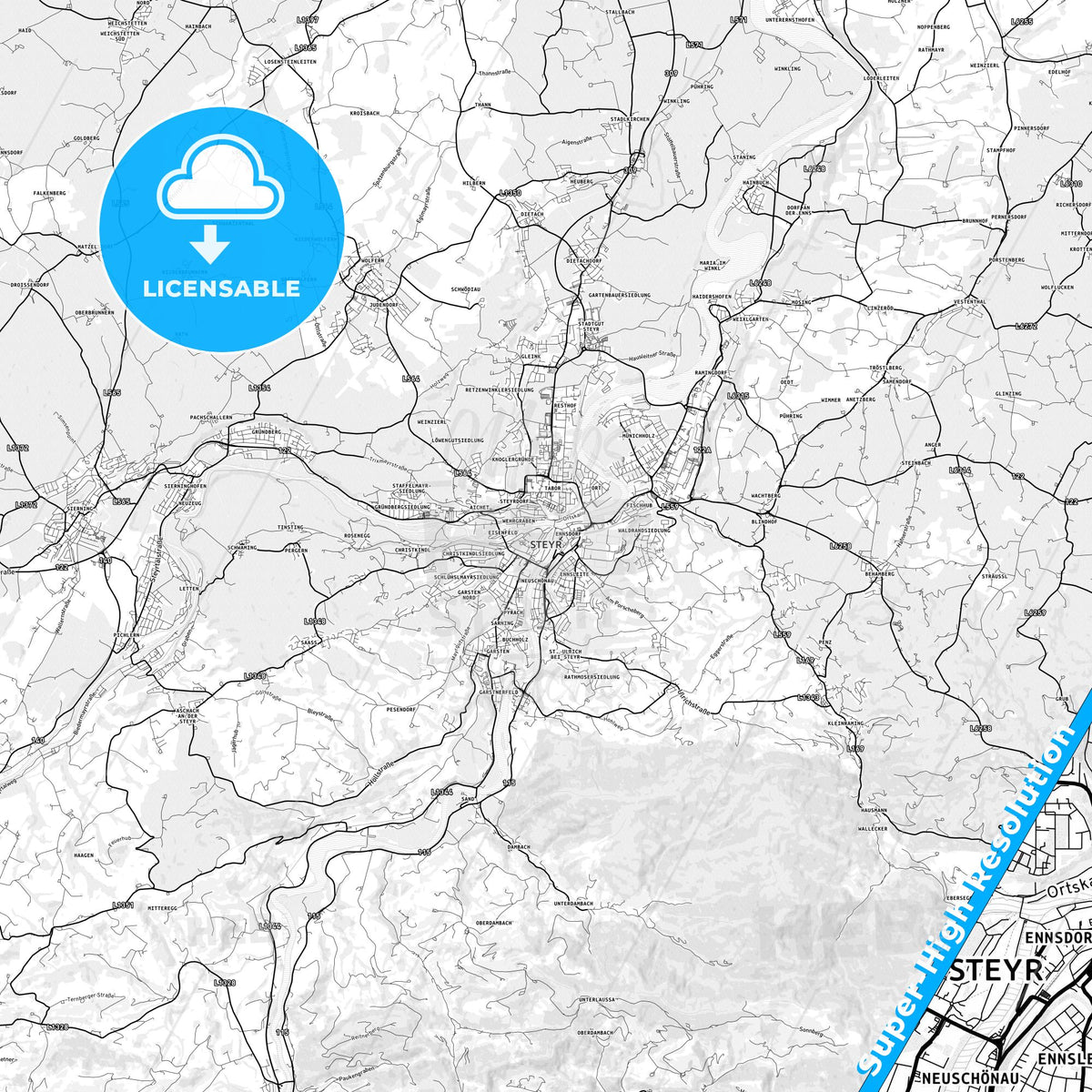 Steyr, Austria light map with streetnames, citynames and districts