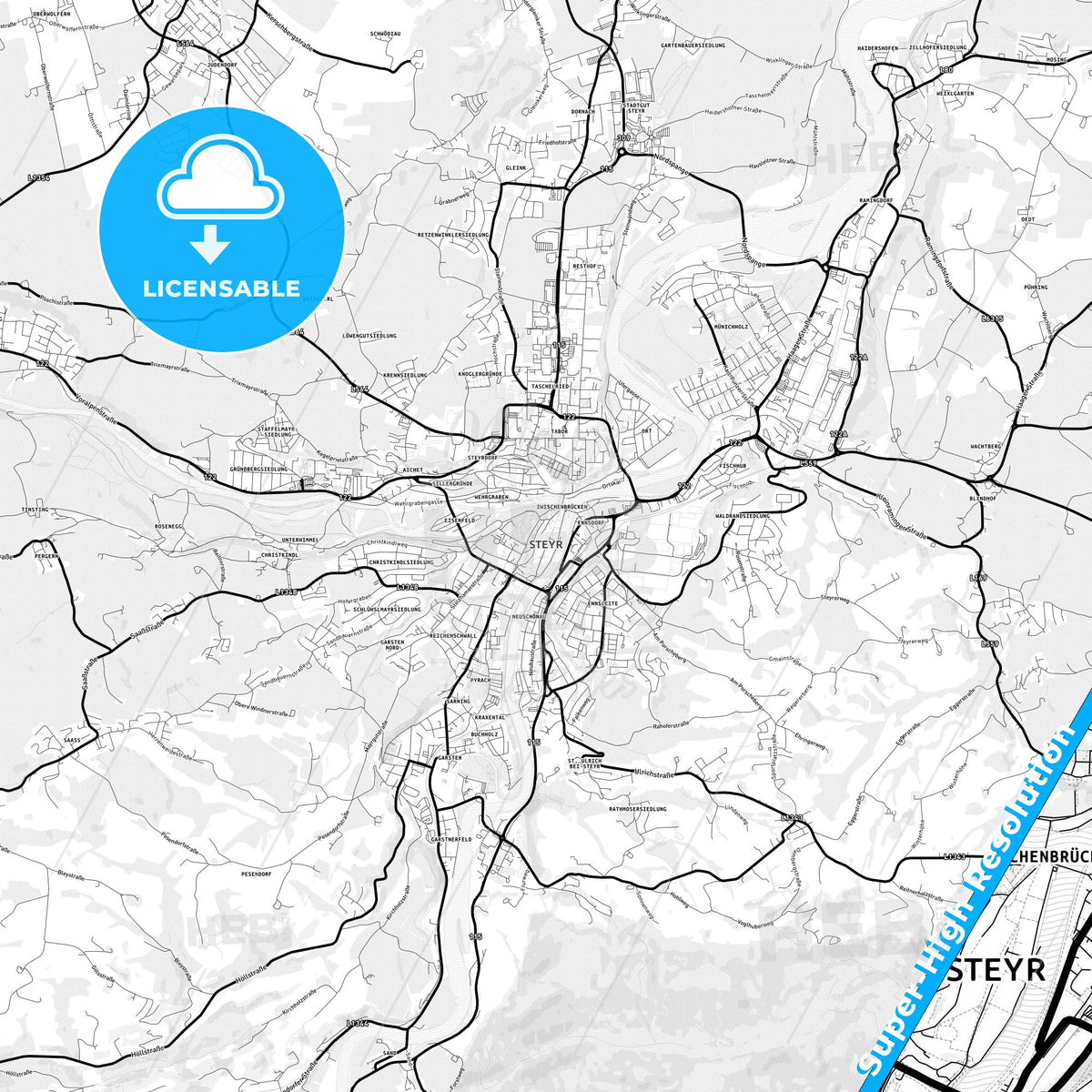 Steyr, Austria Light Map with Street Names, City Names, and Districts