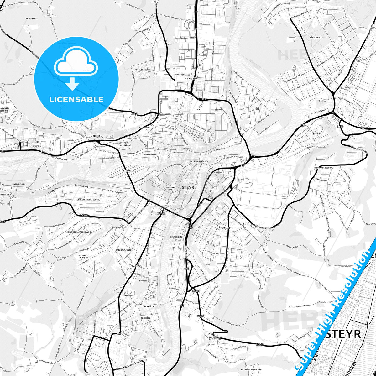 Steyr, Austria Light Map with Street Names, City Names, and Districts