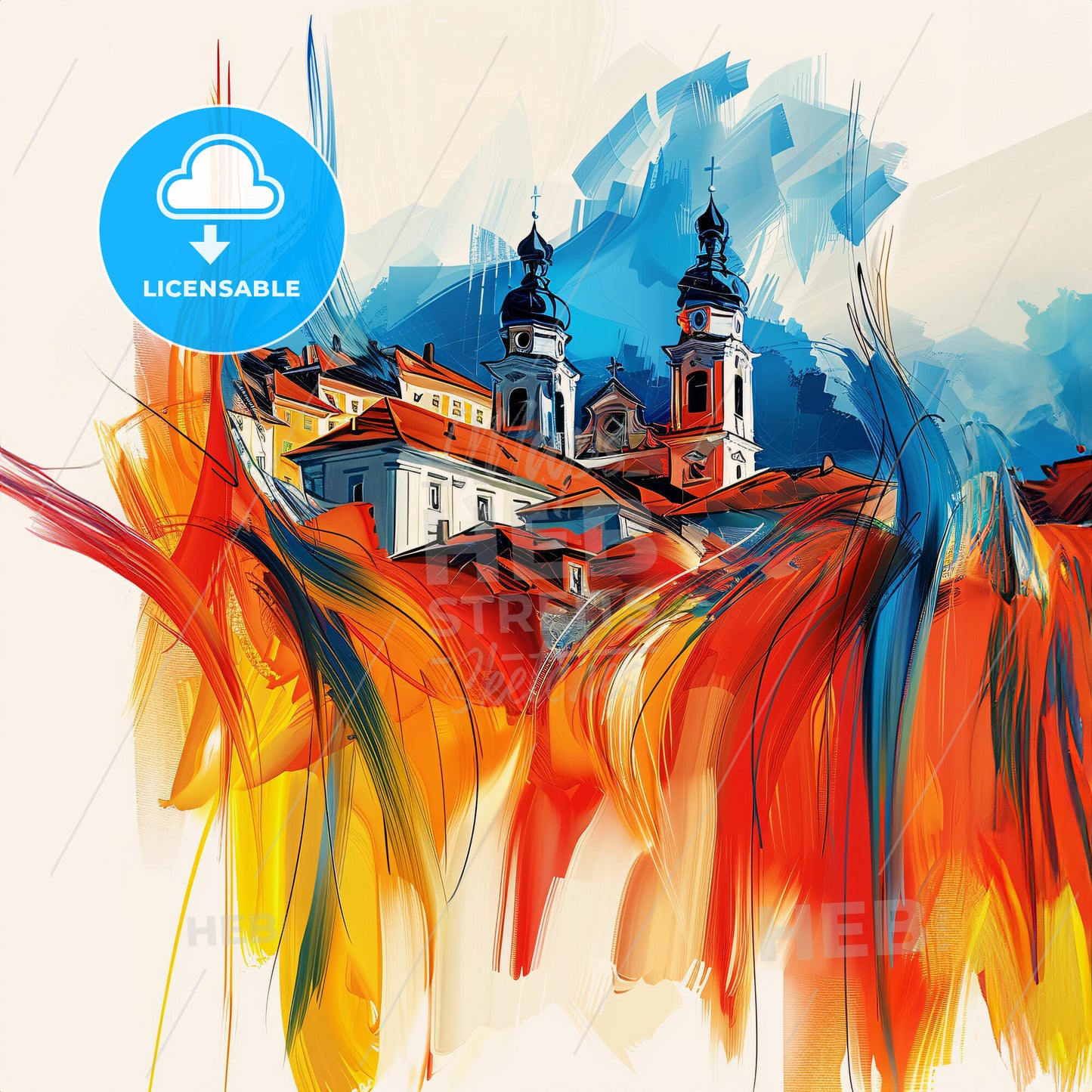 Vibrant Steyr, Austria - A Painting Of A Building With Towers And A Colorful Background