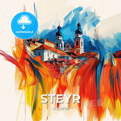Vibrant Steyr, Austria - A Painting Of A Building With Towers And A Colorful Background - Square format print template