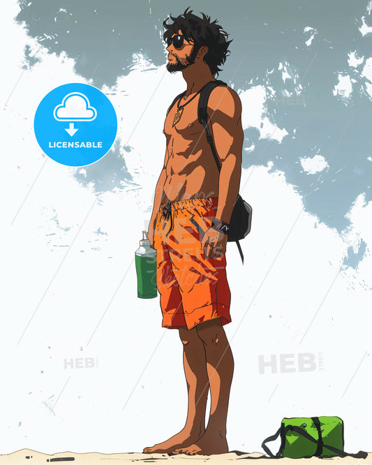 Muscular Man in Swim Shorts: The Essence of Strength - A man in shorts and sunglasses holding a bottle